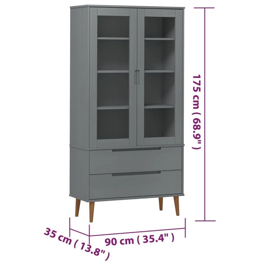 Armoire à vitrine MOLDE Gris 90x35x175 cm Bois de pin massif - 8