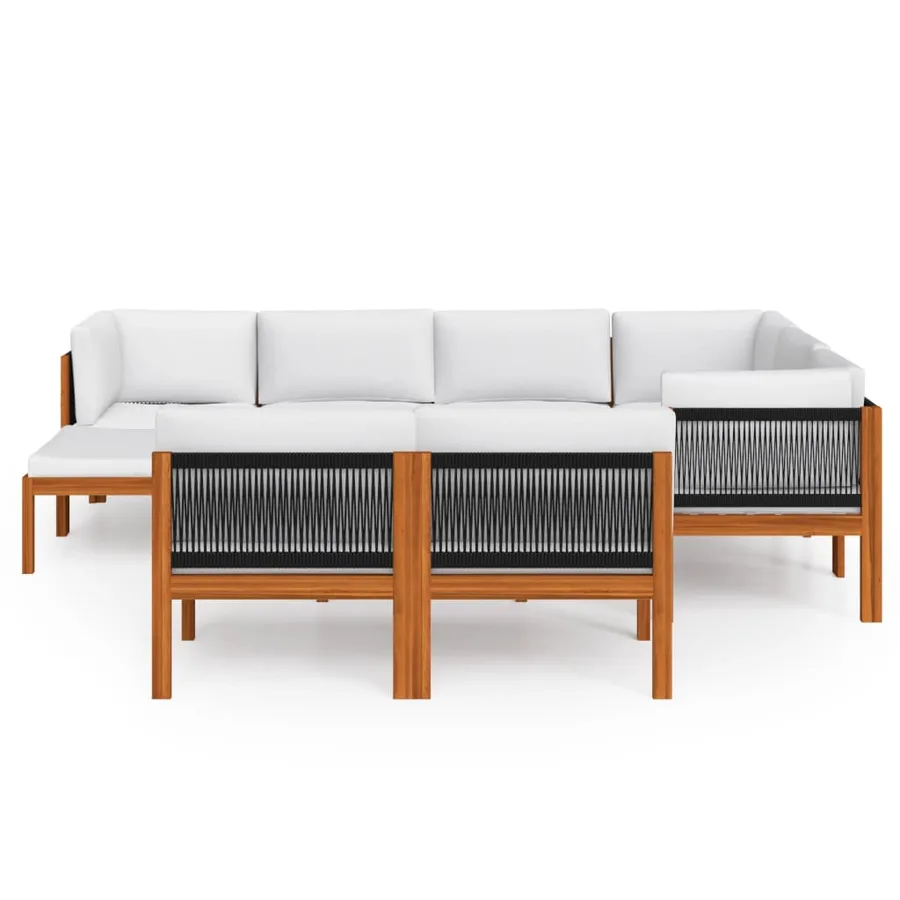 Salon de jardin 10 pièces avec coussins, bois crème, acacia et corde - 3
