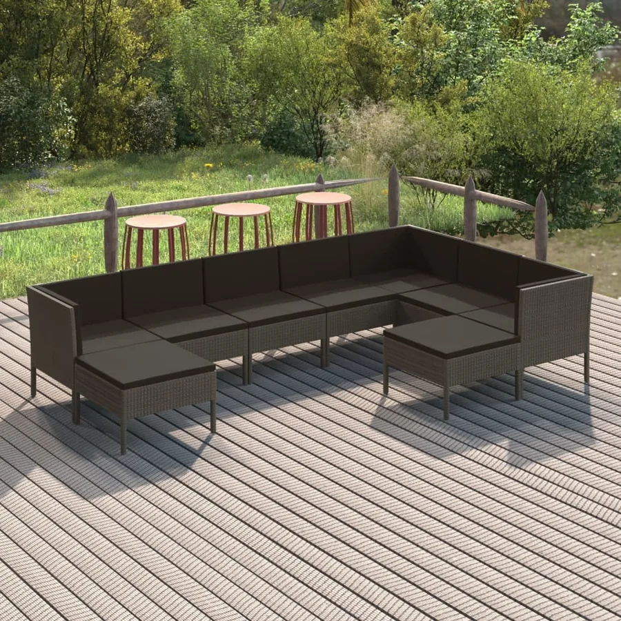 Salon de jardin 9 pcs avec coussins Résine tressée Gris
