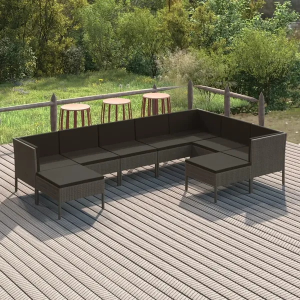 Salon de jardin 9 pcs avec coussins Résine tressée Gris