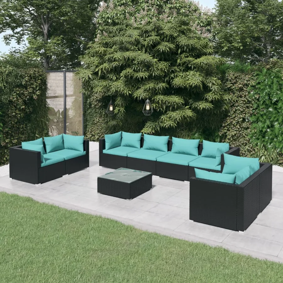 Salon de jardin 9 pcs avec coussins Résine tressée Noir
