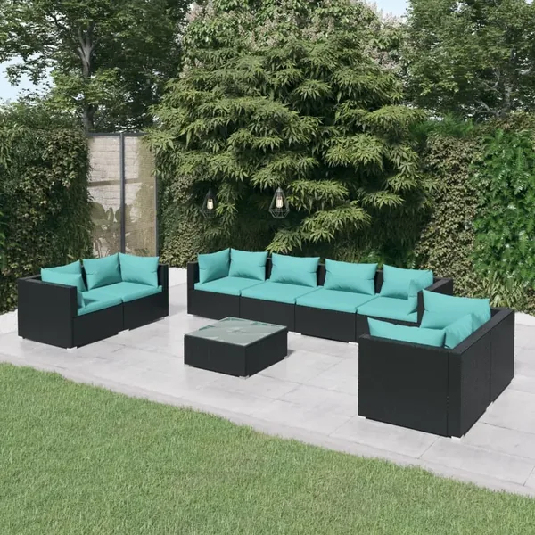 Salon de jardin 9 pcs avec coussins Résine tressée Noir