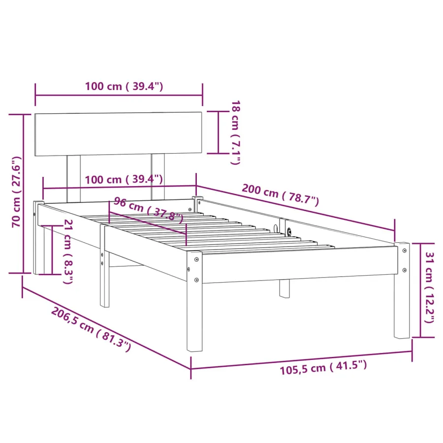 Cadre de lit sans matelas blanc bois massif 100x200 cm - 9