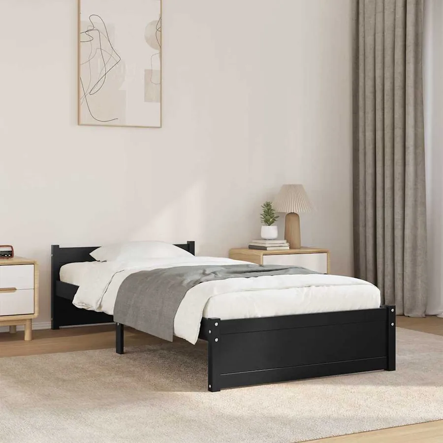Cadre de lit sans matelas noir bois massif 90x200 cm