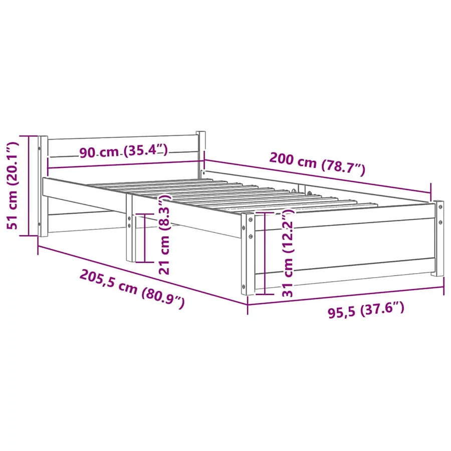 Cadre de lit sans matelas noir bois massif 90x200 cm - 9