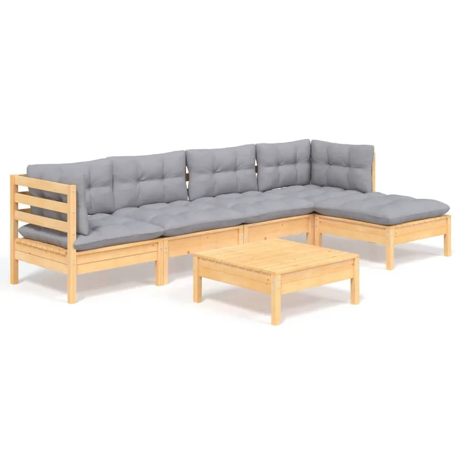 Salon de jardin 6 pcs avec coussins gris bois de pin - 2