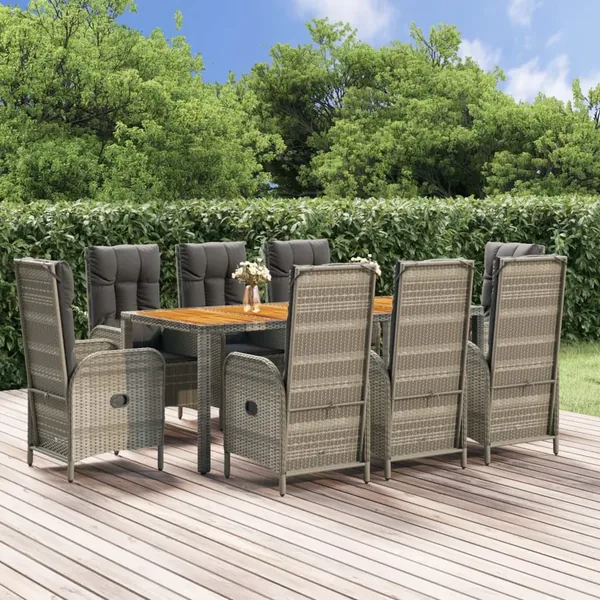 Ensemble à manger de jardin 9 pcs coussins gris résine tressée