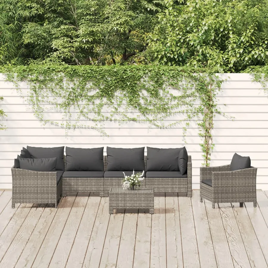 Salon de jardin 8 pcs avec coussins Gris Résine tressée