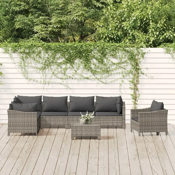 Salon de jardin 8 pcs avec coussins Gris Résine tressée