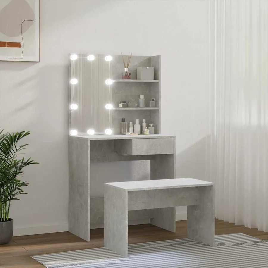 Ensemble de coiffeuse avec LED Gris béton Bois d'ingénierie - 4