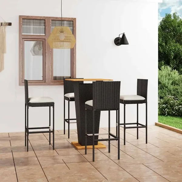 Ensemble de bar de jardin 5 pcs et coussins Résine tressée Noir