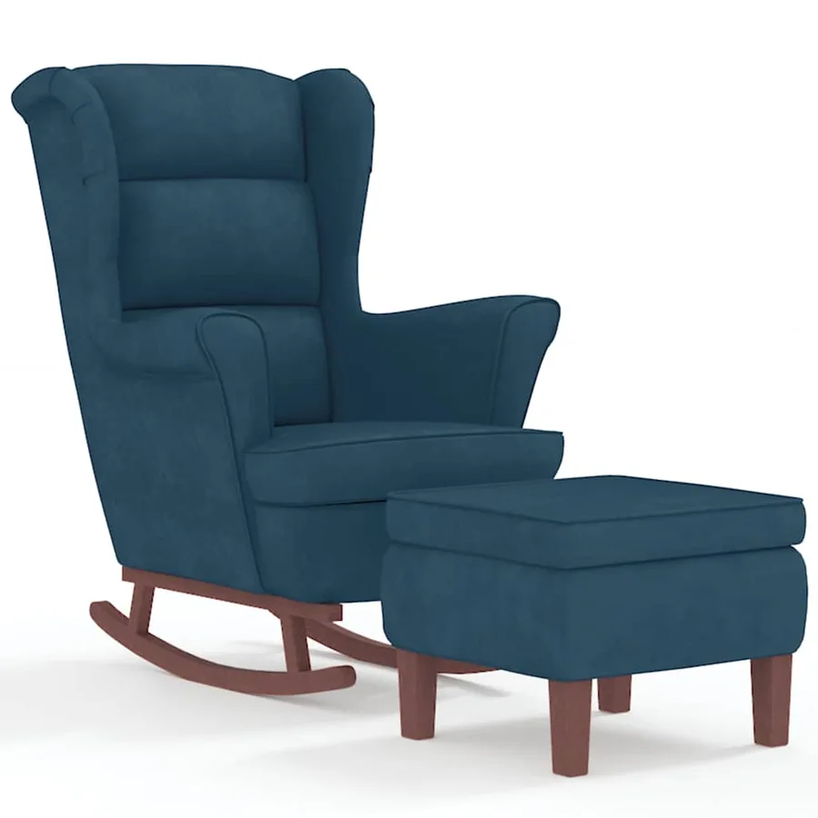 Fauteuil à bascule à oreilles en velours bleu bois massif - 2