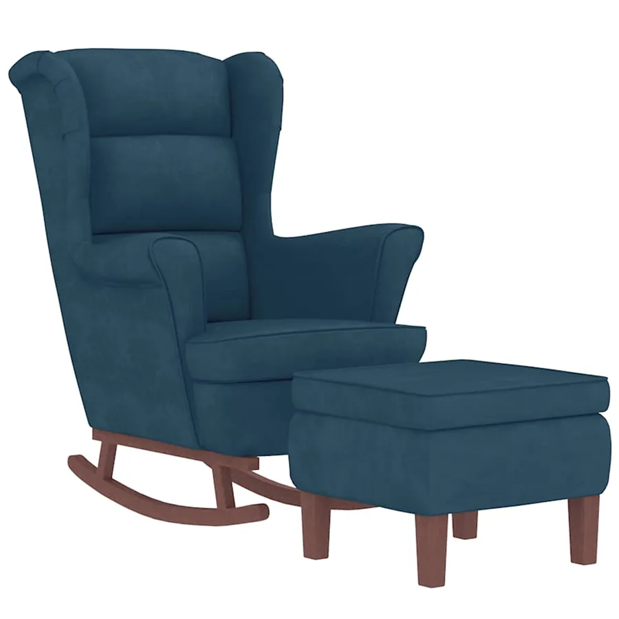 Fauteuil à bascule à oreilles en velours bleu bois massif - 3