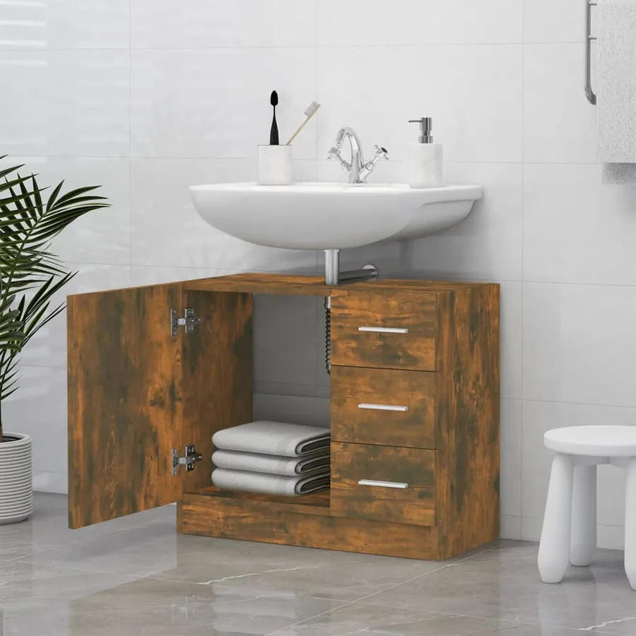 Armoire de lavabo Chêne fumé 63x30x54 cm Bois d'ingénierie - 6