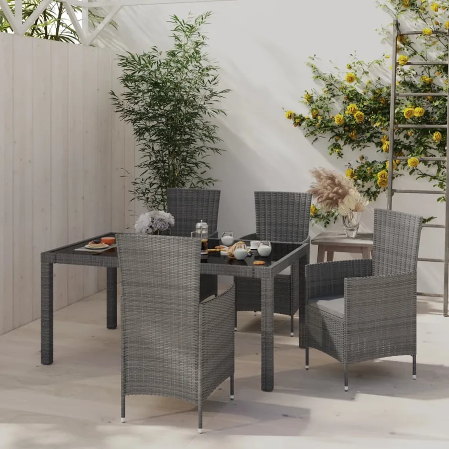 Ensemble à manger d'extérieur 5pcs coussins résine tressée gris
