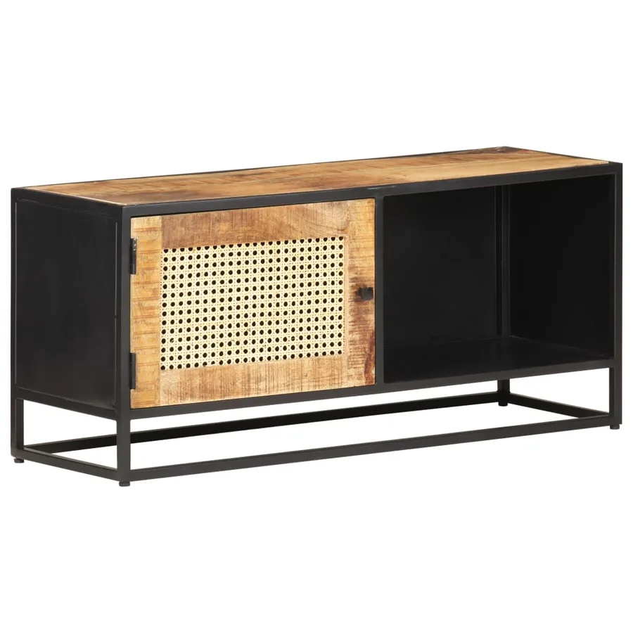 Meuble TV 90x30x40 cm Bois de manguier brut et canne naturelle - 11