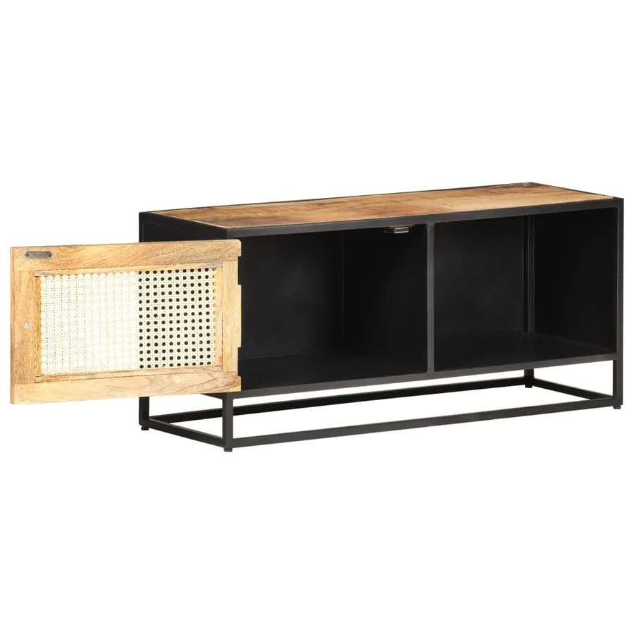 Meuble TV 90x30x40 cm Bois de manguier brut et canne naturelle - 2