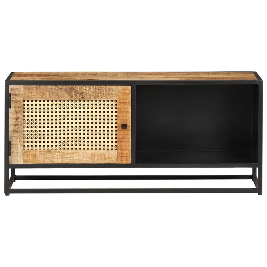 Meuble TV 90x30x40 cm Bois de manguier brut et canne naturelle - 3