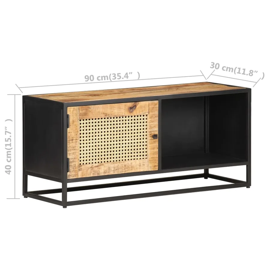 Meuble TV 90x30x40 cm Bois de manguier brut et canne naturelle - 7