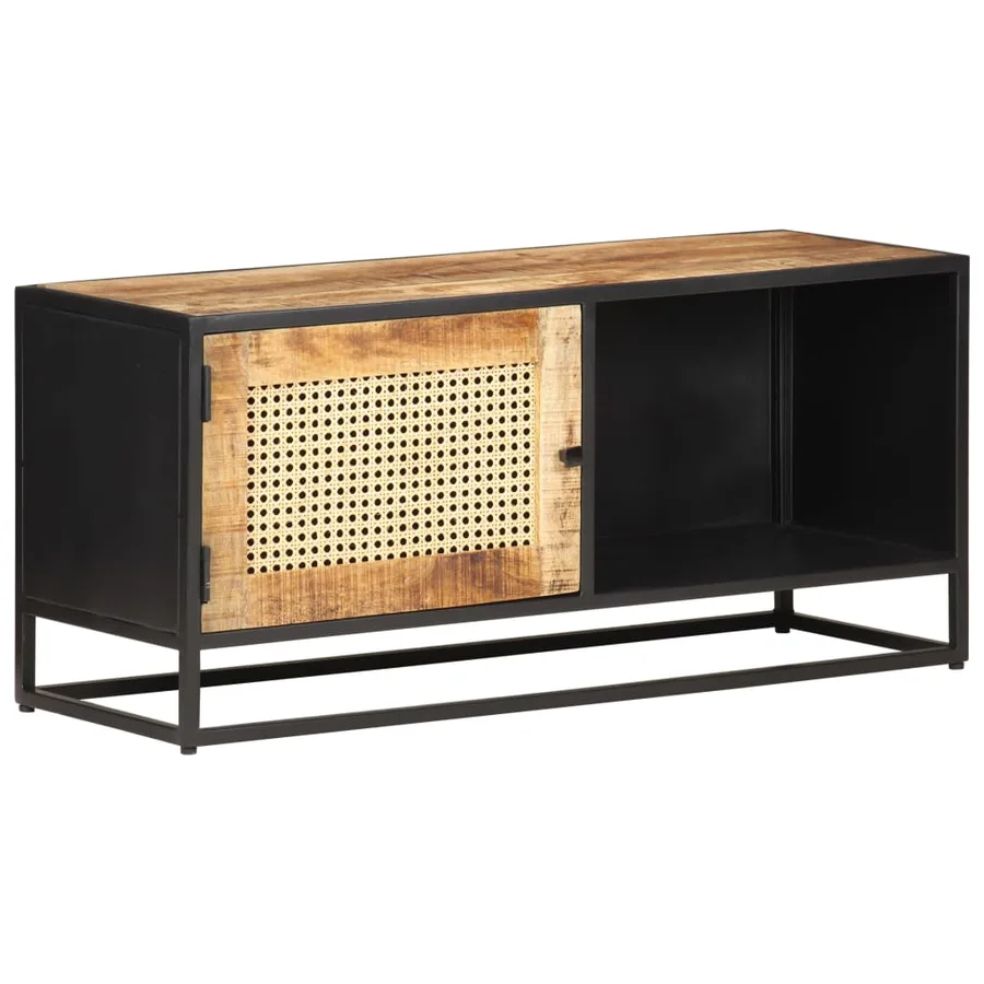 Meuble TV 90x30x40 cm Bois de manguier brut et canne naturelle - 8