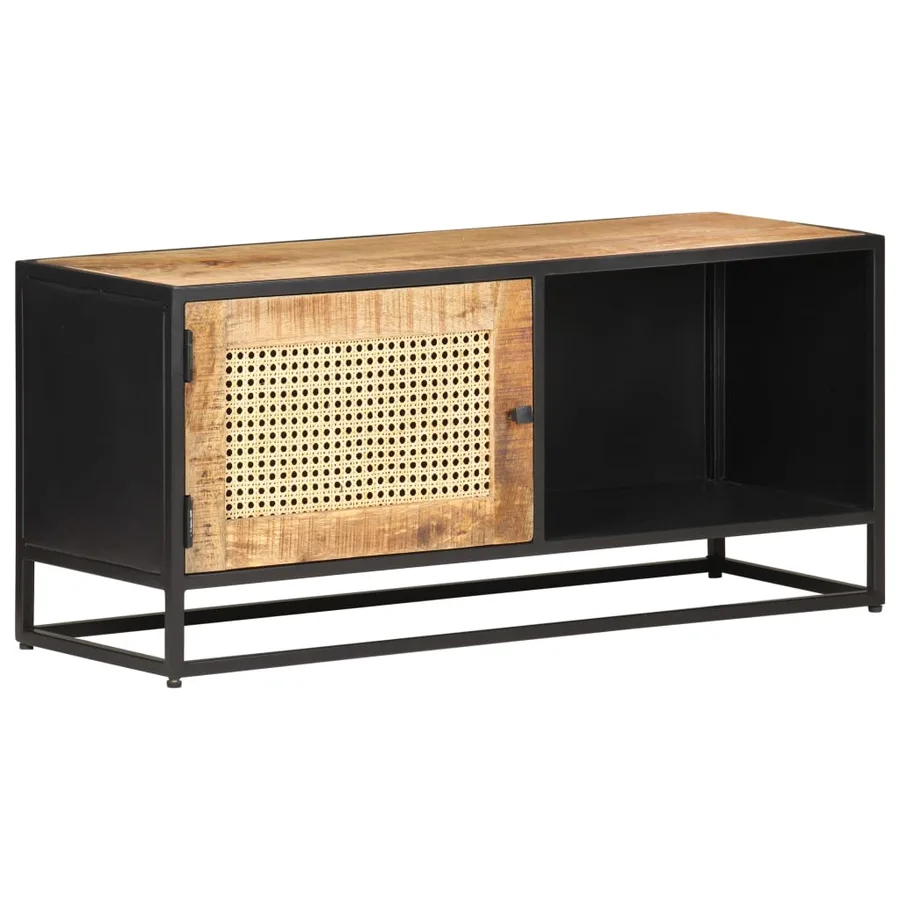 Meuble TV 90x30x40 cm Bois de manguier brut et canne naturelle - 9