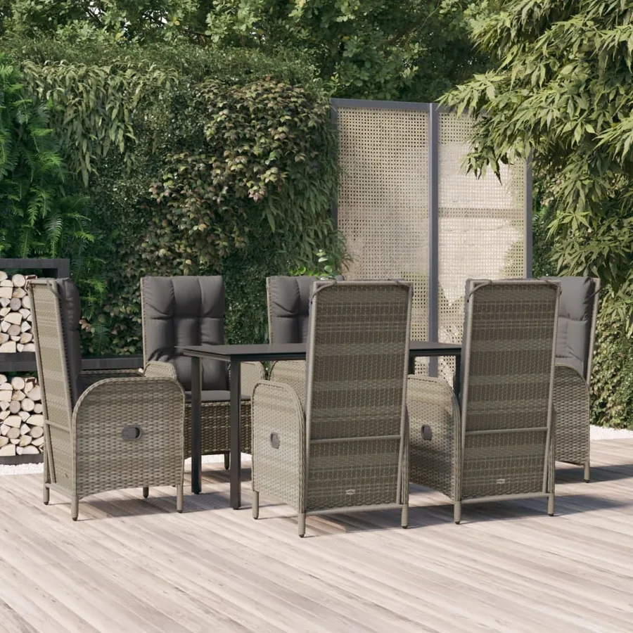 Ensemble à manger jardin et coussins 7 pcs Noir et gris Rotin