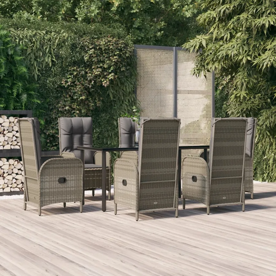 Ensemble à manger jardin et coussins 7 pcs Noir et gris Rotin