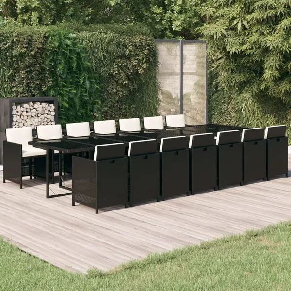 Ensemble à manger de jardin coussins 15 pcs Résine tressée Noir