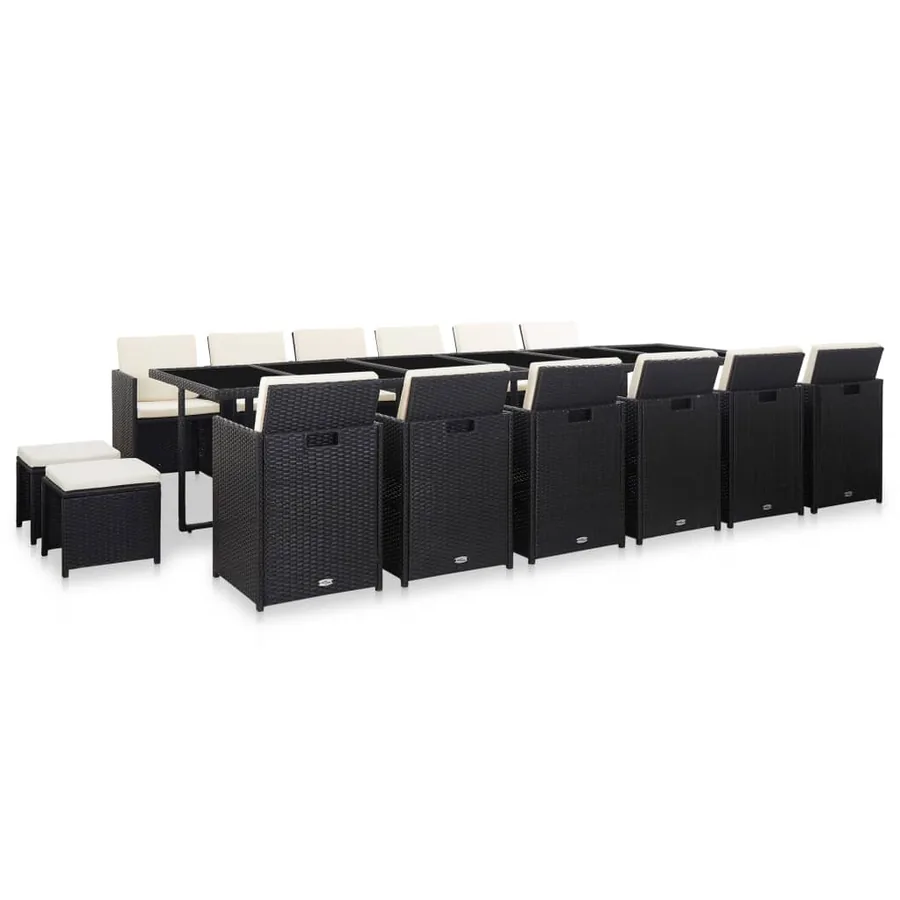 Ensemble à manger d'extérieur 17 pcs avec coussins Rotin Noir
