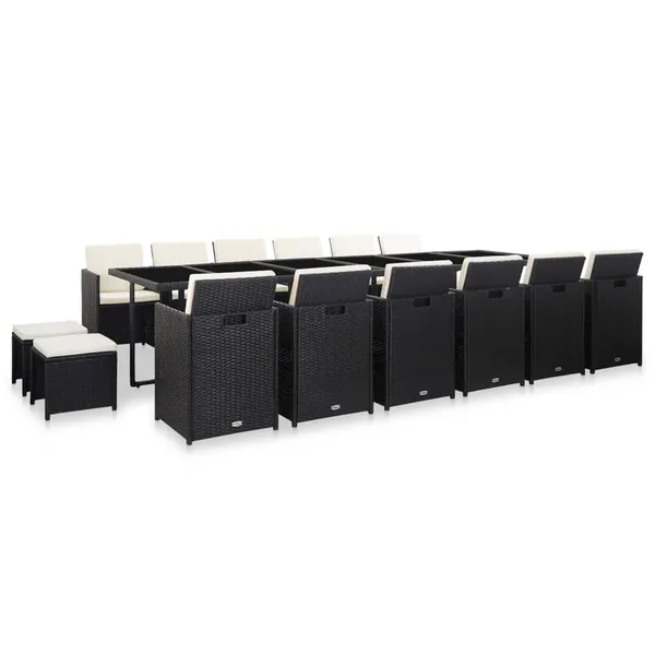 Ensemble à manger d'extérieur 17 pcs avec coussins Rotin Noir