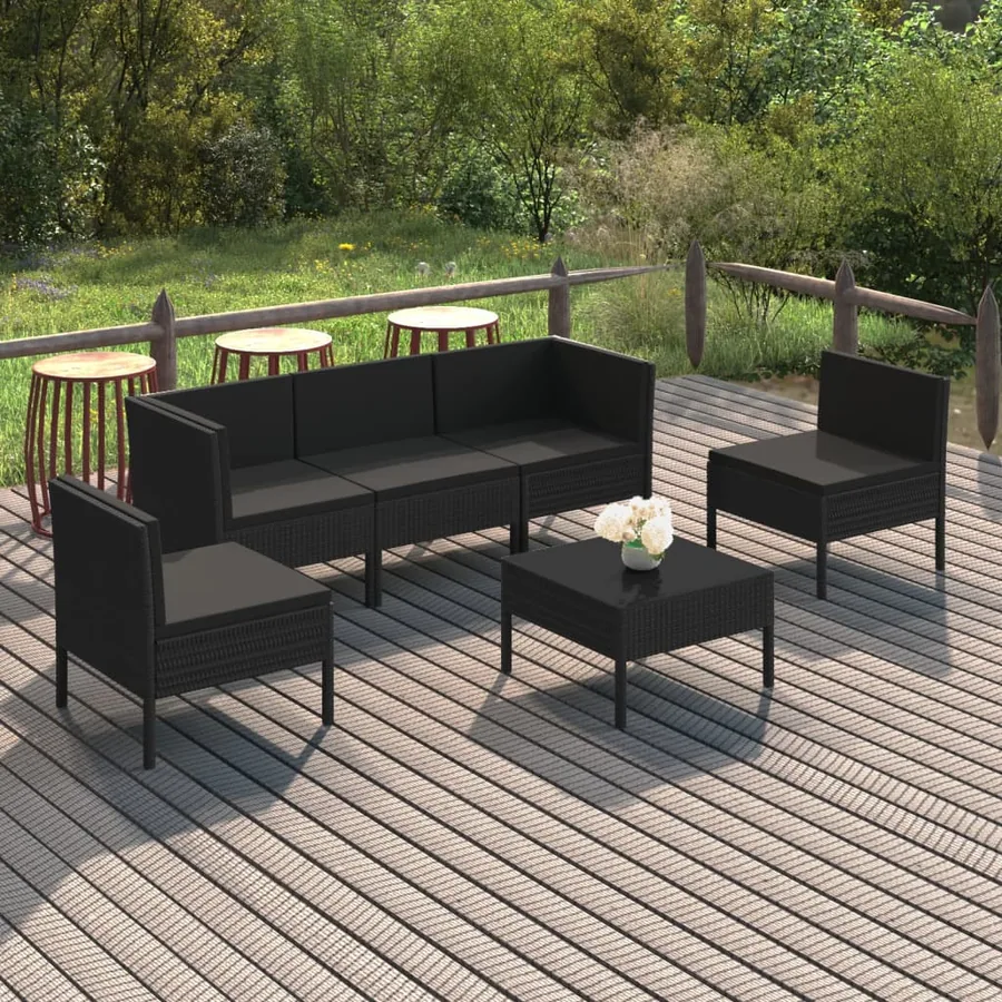 Salon de jardin 6 pcs avec coussins résine tressée noir