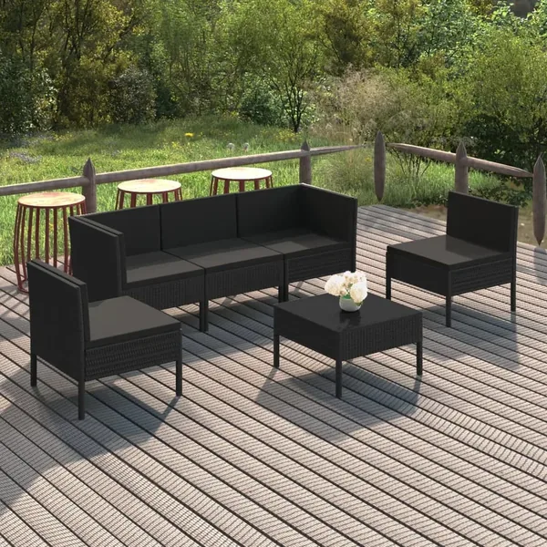 Salon de jardin 6 pcs avec coussins résine tressée noir