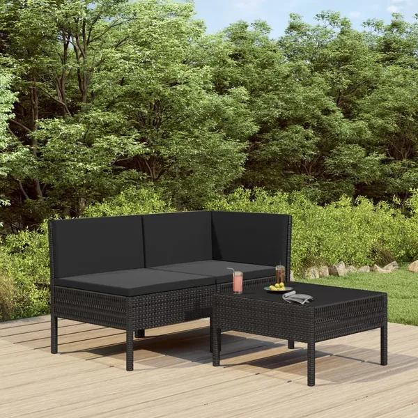 Salon de jardin 3 pcs avec coussins Résine tressée Noir