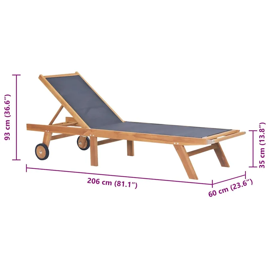 Chaise longue pliable avec roulettes Teck massif et textilène - 9