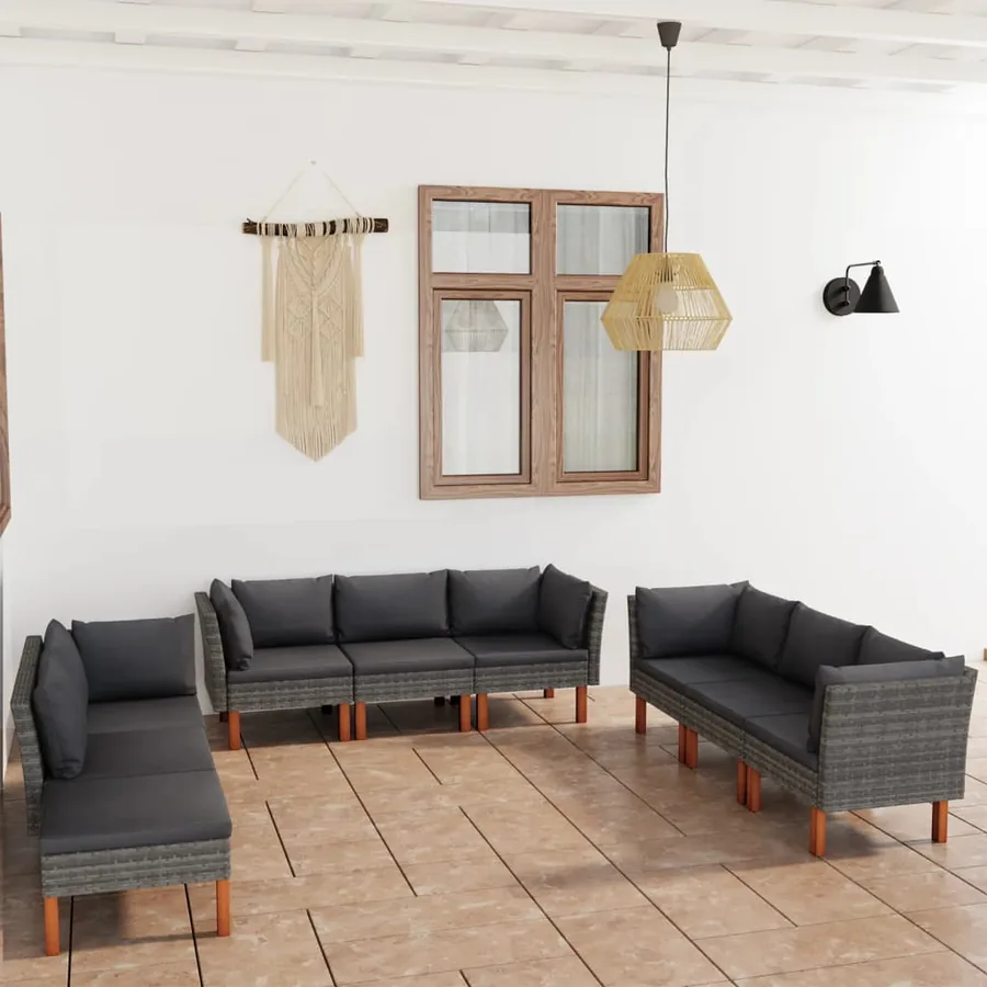 Salon de jardin 9 pcs avec coussins Résine tressée Gris