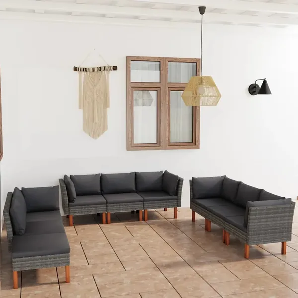 Salon de jardin 9 pcs avec coussins Résine tressée Gris