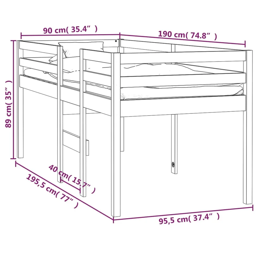 Lit haut sans matelas 90x190 cm bois de pin massif - 8