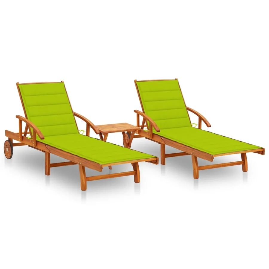 Chaises longues lot de 2 avec table et coussins Acacia solide