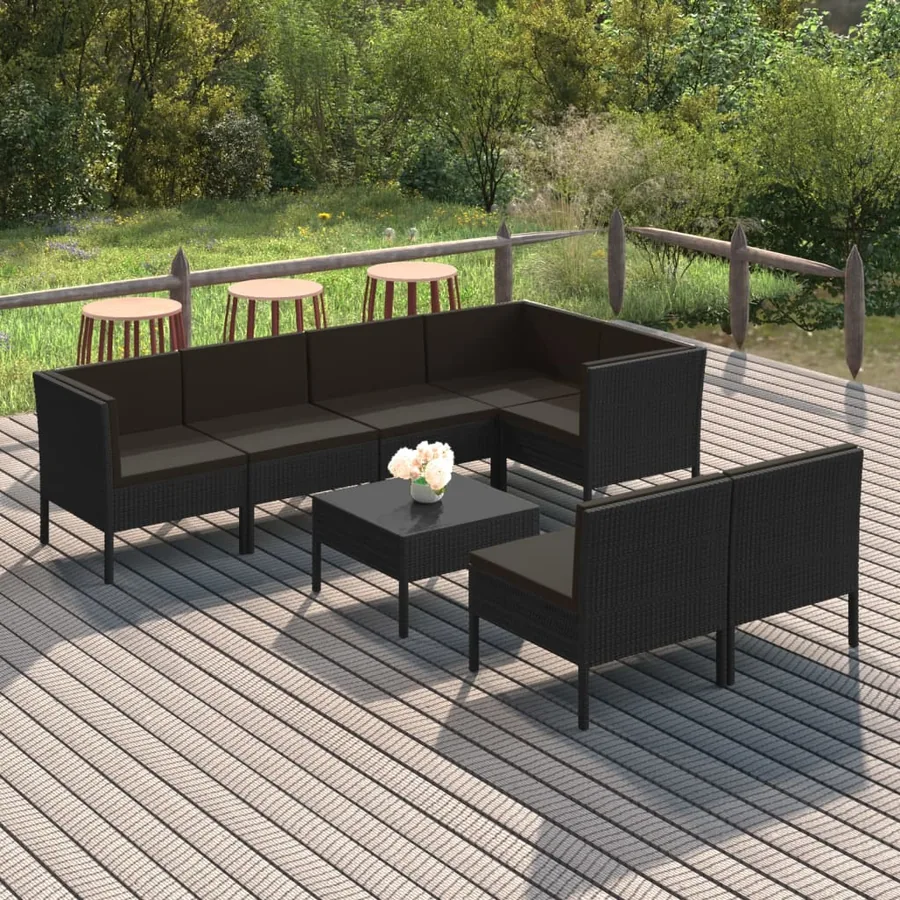 Salon de jardin 8 pcs avec coussins résine tressée noir