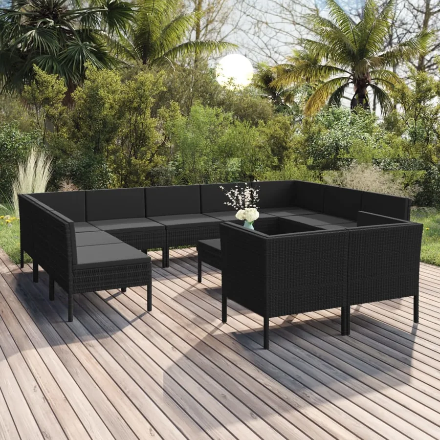 Salon de jardin 12 pcs avec coussins résine tressée noir