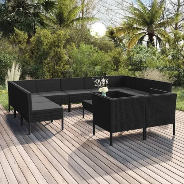 Salon de jardin 12 pcs avec coussins résine tressée noir