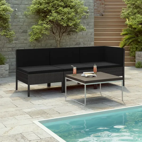 Salon de jardin 3 pcs avec coussins Résine tressée Noir