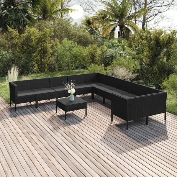 Salon de jardin 11 pcs avec coussins Résine tressée Noir