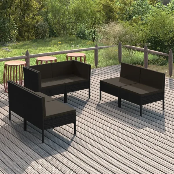 Salon de jardin 6 pcs avec coussins résine tressée noir