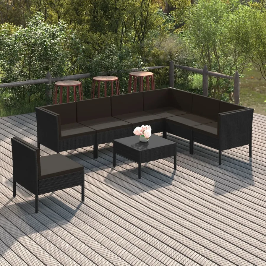 Salon de jardin 8 pcs avec coussins résine tressée noir