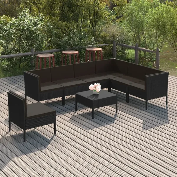 Salon de jardin 8 pcs avec coussins résine tressée noir