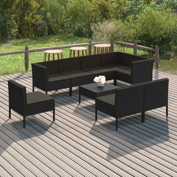 Salon de jardin 9 pcs avec coussins Résine tressée Noir