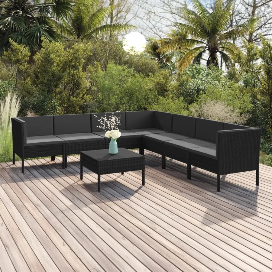 Salon de jardin 8 pcs avec coussins résine tressée noir