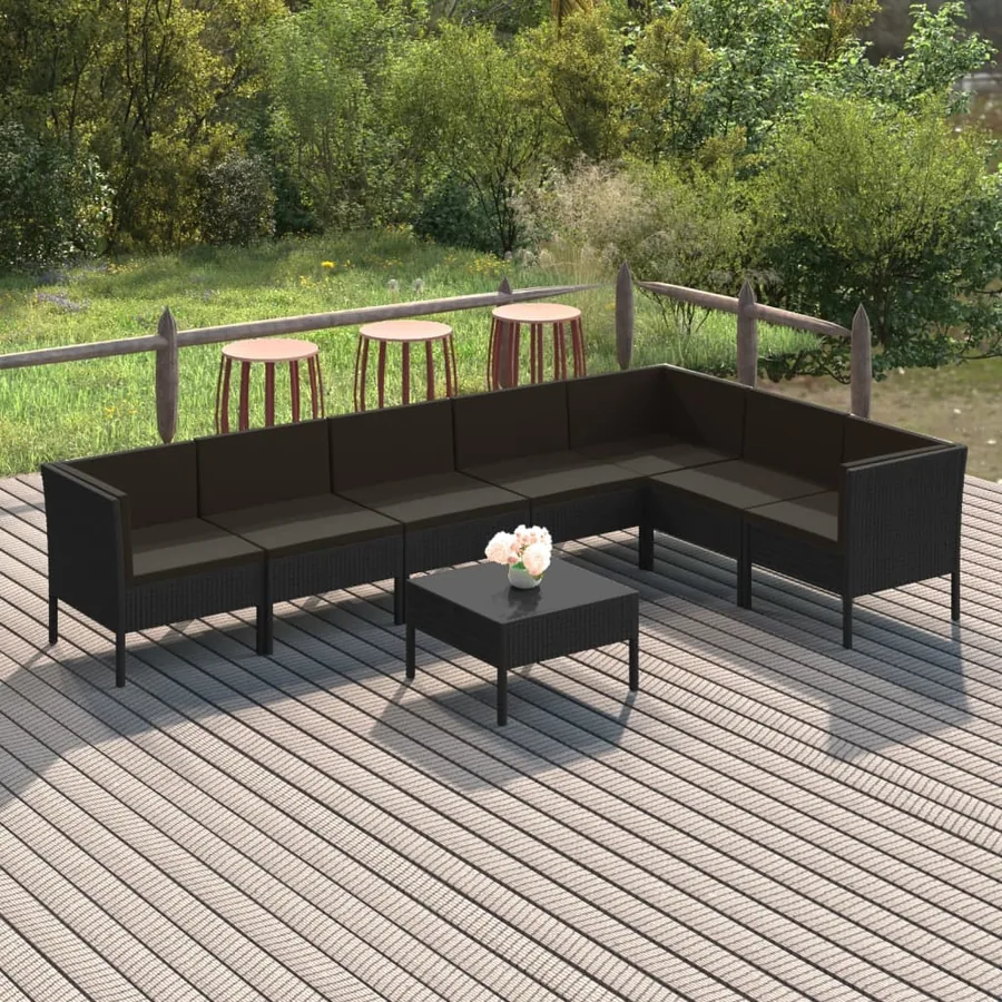 Salon de jardin 8 pcs avec coussins résine tressée noir