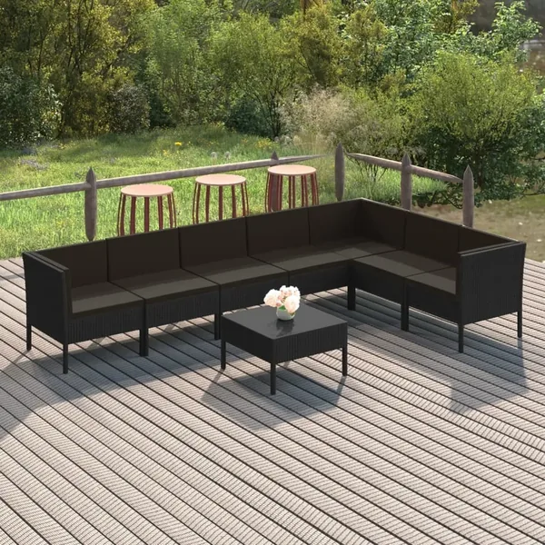 Salon de jardin 8 pcs avec coussins résine tressée noir
